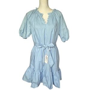 Tuckernuck Hyacinth House Dress Blue Puff Sleeve Ruffle Hem NEW Boho Feminine M